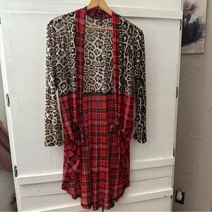 Crazy Train Mixed Media Kimono Duster Womens M Leopard Plaid Sheer High Low